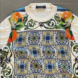 Dolce & Gabbana Multicolor Floral/ tile Crewneck silk Sweater